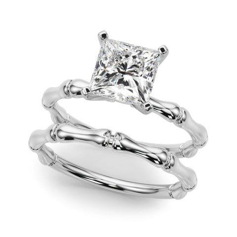 Platinum Princess Solitaire Diamond Ring with Bamboo Band and Four-Prong Setting