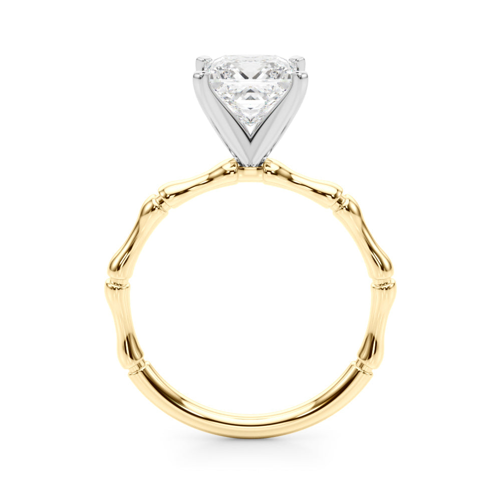 Yellow gold Princess Solitaire Diamond Ring with Bamboo Band and Four-Prong Setting