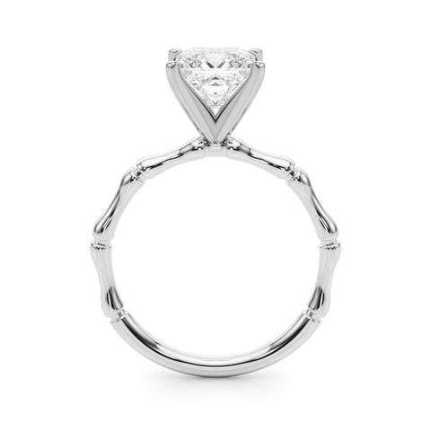 Platinum Princess Solitaire Diamond Ring with Bamboo Band and Four-Prong Setting