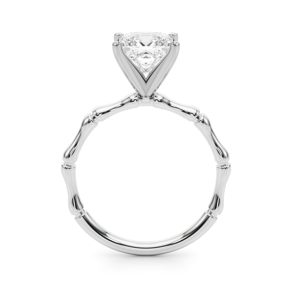 White gold Princess Solitaire Diamond Ring with Bamboo Band and Four-Prong Setting