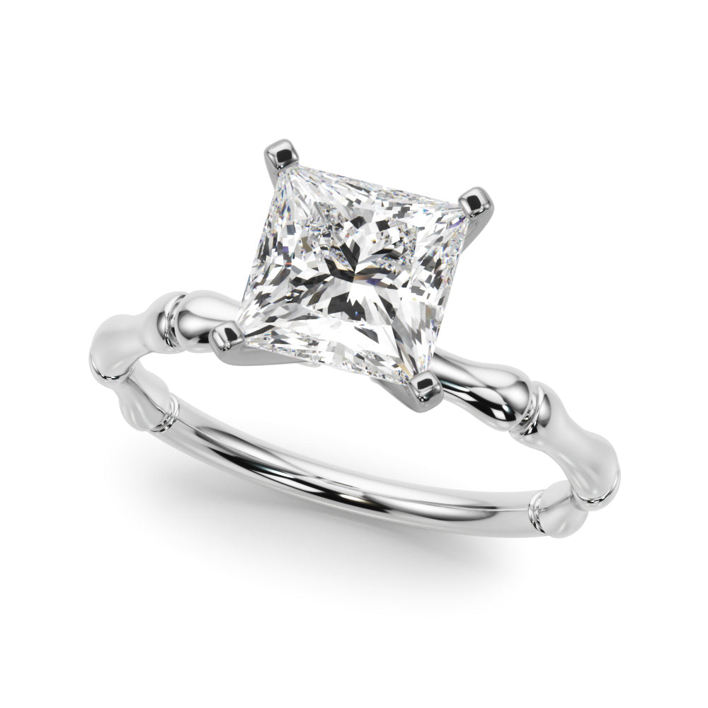 Silver Princess Solitaire Diamond Ring with Bamboo Band and Four-Prong Setting