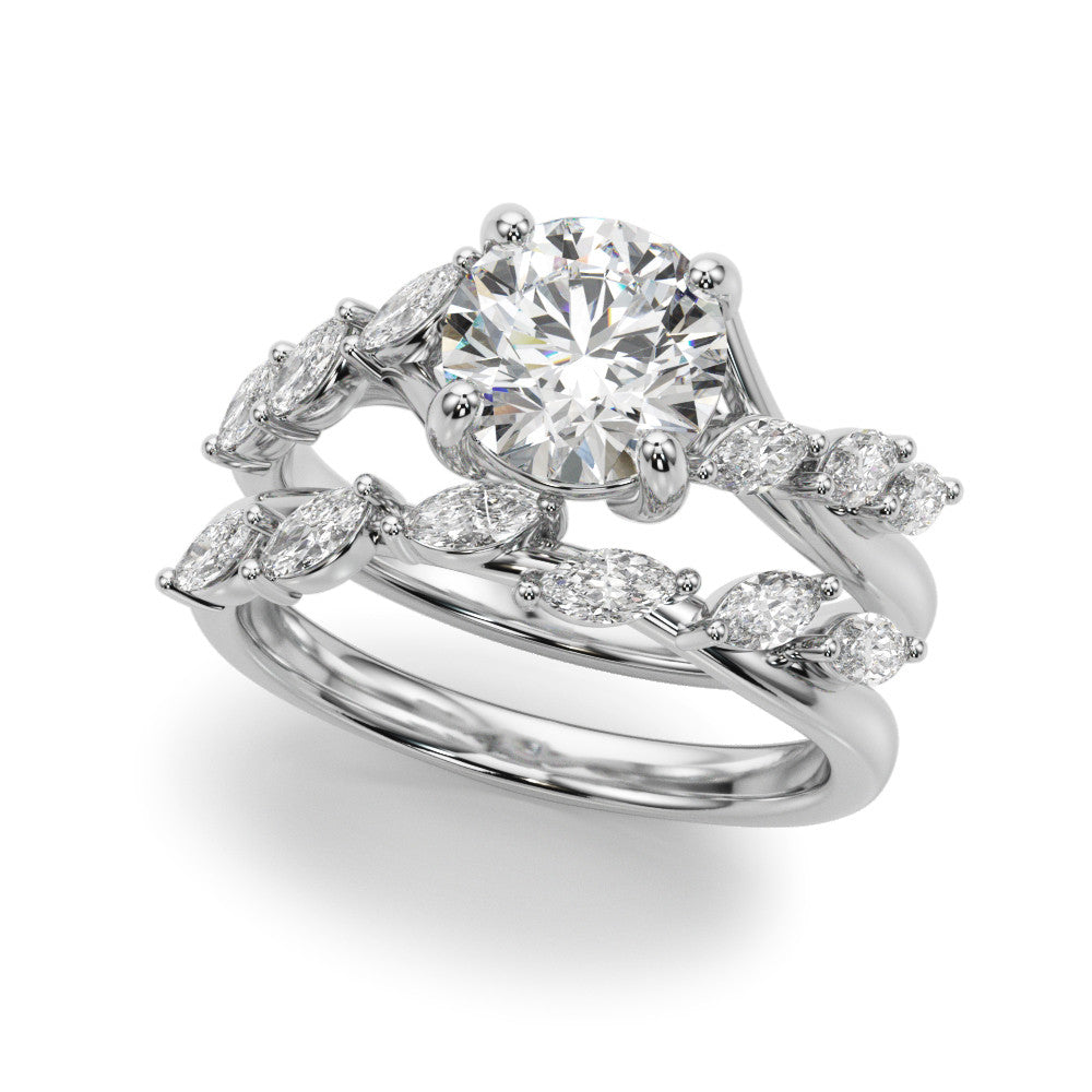 Platinum Round Solitaire Diamond Ring with Marquise Side Stones and Prong Setting on a Split Shank Band