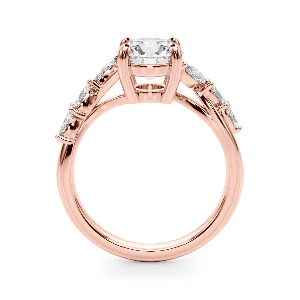 Rose gold Round Solitaire Diamond Ring with Marquise Side Stones and Prong Setting on a Split Shank Band