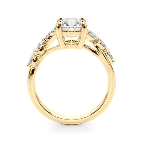 Yellow gold Round Solitaire Diamond Ring with Marquise Side Stones and Prong Setting on a Split Shank Band