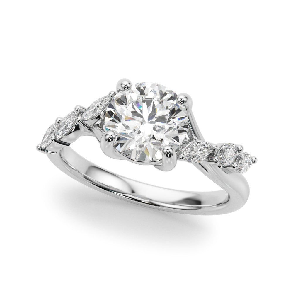 Platinum Round Solitaire Diamond Ring with Marquise Side Stones and Prong Setting on a Split Shank Band