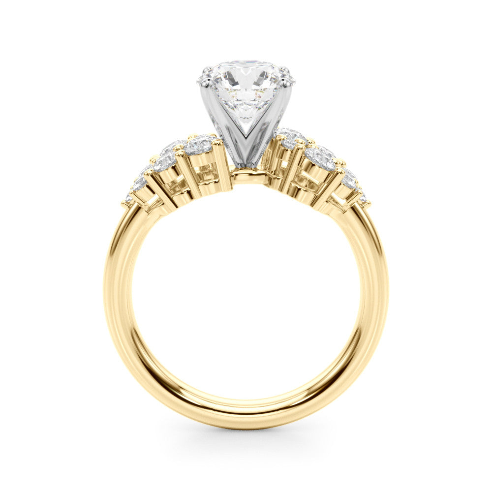 Yellow gold Heart Cluster Diamond Engagement Ring with Pavé Band and Four-Prong Setting