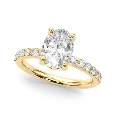 Yellow gold Oval Cut Diamond Pavé Band Solitaire Ring with Four-Prong Setting
