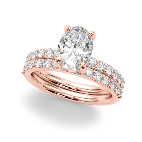 Rose gold Oval Cut Diamond Pavé Band Solitaire Ring with Four-Prong Setting