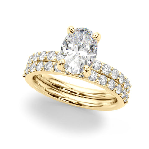 Yellow gold Oval Cut Diamond Pavé Band Solitaire Ring with Four-Prong Setting