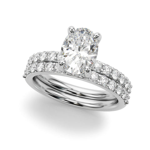 Platinum Oval Cut Diamond Pavé Band Solitaire Ring with Four-Prong Setting