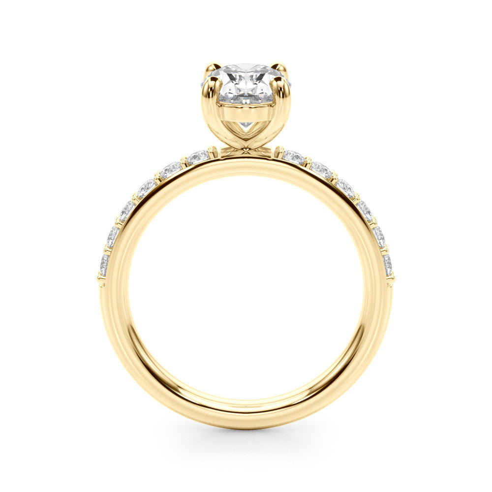 Yellow gold Oval Cut Diamond Pavé Band Solitaire Ring with Four-Prong Setting