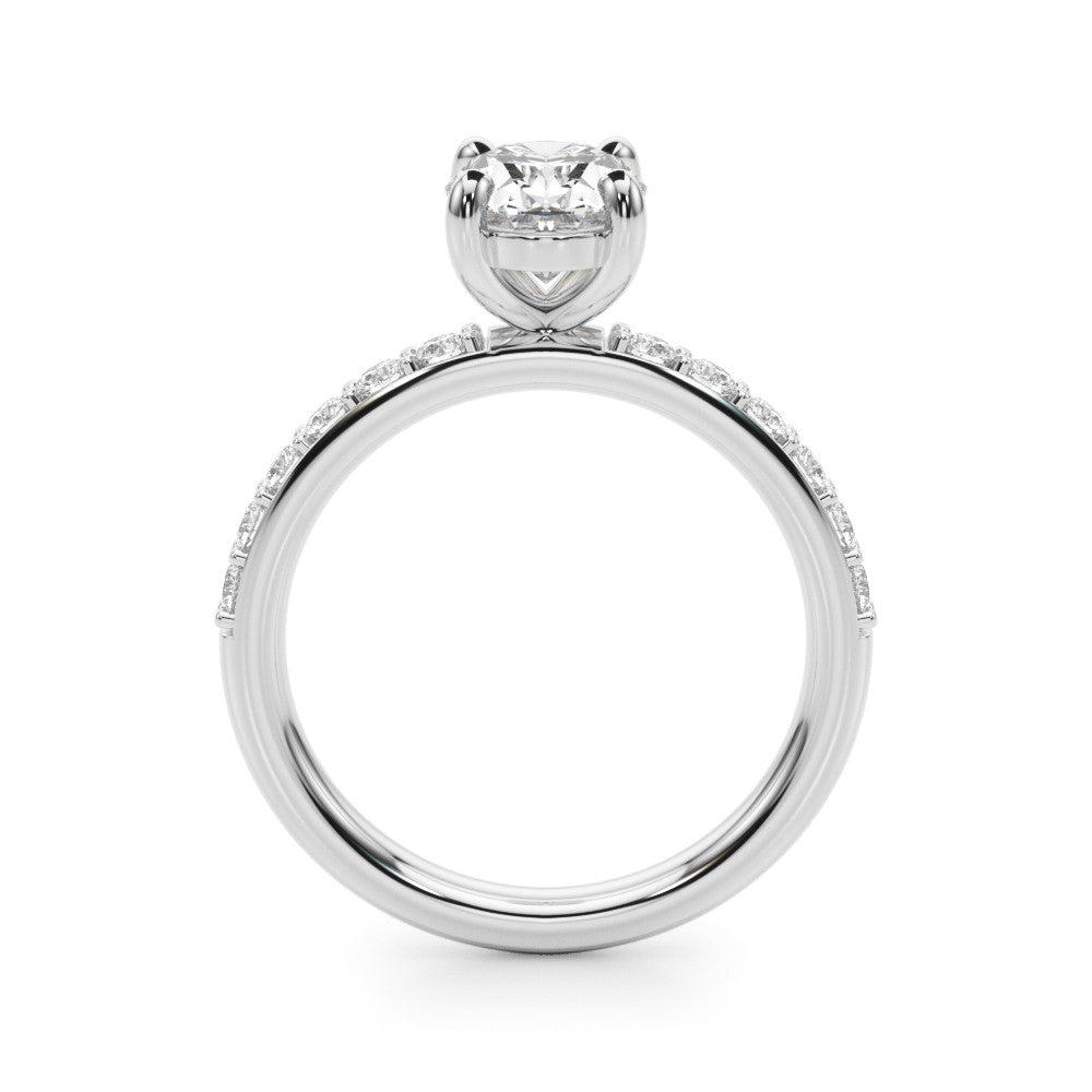 White gold Oval Cut Diamond Pavé Band Solitaire Ring with Four-Prong Setting