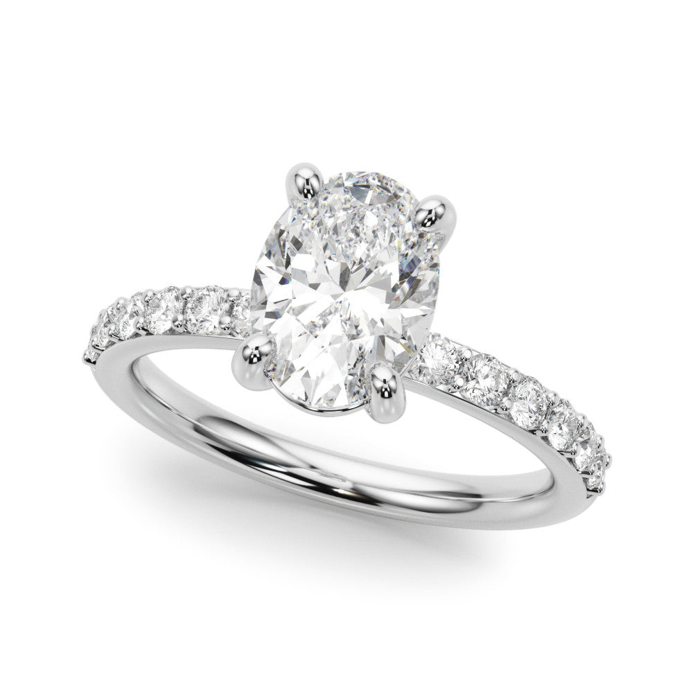 White gold Oval Cut Diamond Pavé Band Solitaire Ring with Four-Prong Setting