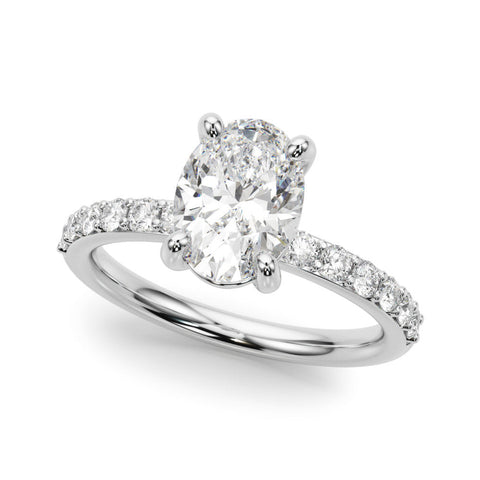 Silver Oval Cut Diamond Pavé Band Solitaire Ring with Four-Prong Setting