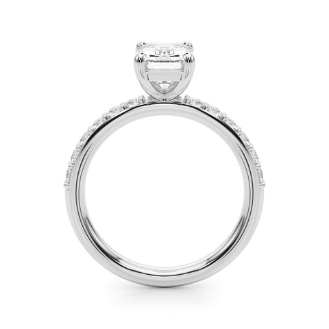 Silver Emerald Cut Diamond Solitaire with Pave Band and Four-Prong Setting