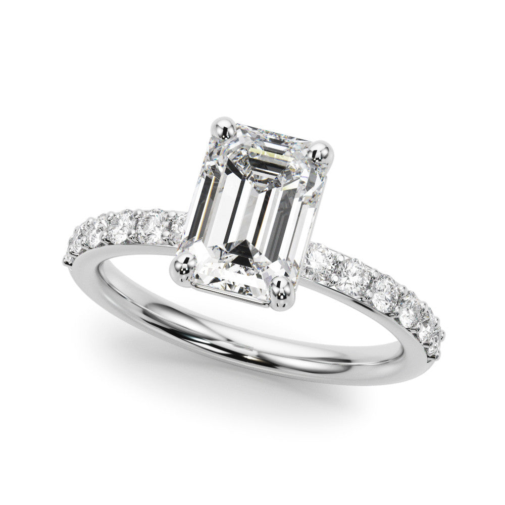 Silver Radiant Cut Diamond Solitaire with Pave Band and Four-Prong Setting