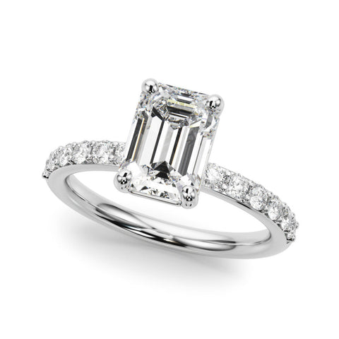 Silver Emerald Cut Diamond Solitaire with Pave Band and Four-Prong Setting