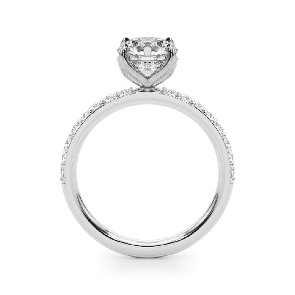 Silver Round Solitaire Pavé Diamond Engagement Ring with Four-Prong Setting
