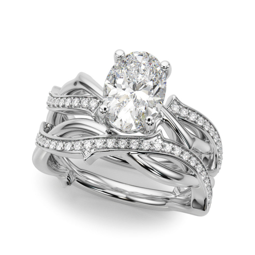 White gold Oval Solitaire Diamond Twist Band with Four-Prong Setting