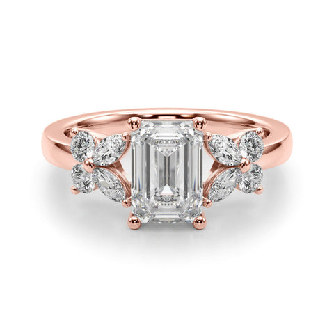 Rose gold Emerald Cut Solitaire Floral Diamond Ring with Four-Prong Setting