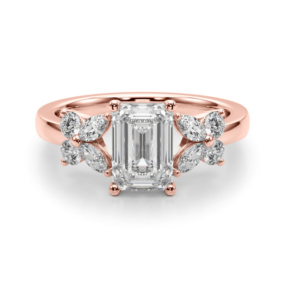 Rose gold Emerald Cut Solitaire Floral Diamond Ring with Four-Prong Setting