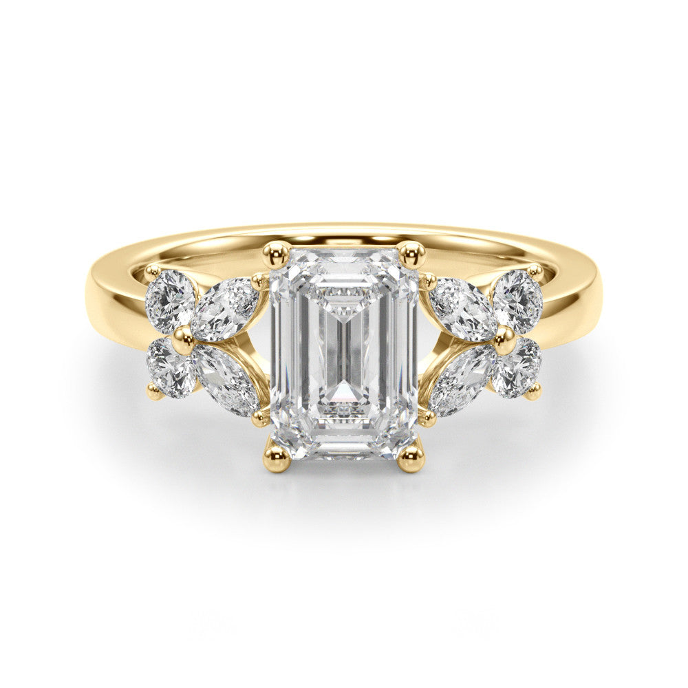 Yellow gold Radiant Cut Solitaire Floral Diamond Ring with Four-Prong Setting