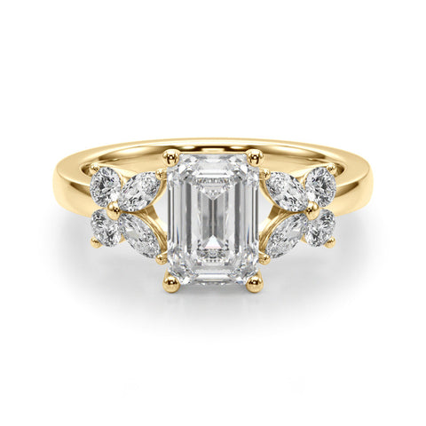 Yellow gold Emerald Cut Solitaire Floral Diamond Ring with Four-Prong Setting