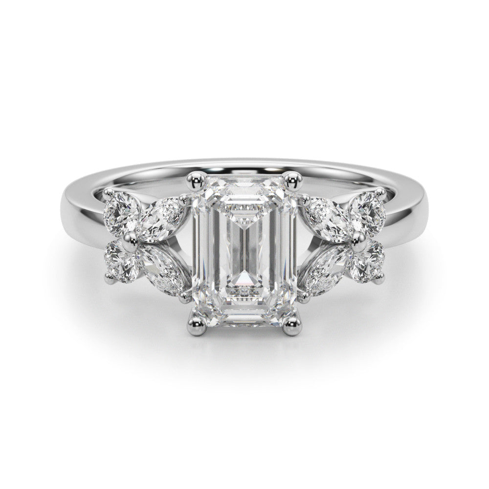 White gold Radiant Cut Solitaire Floral Diamond Ring with Four-Prong Setting