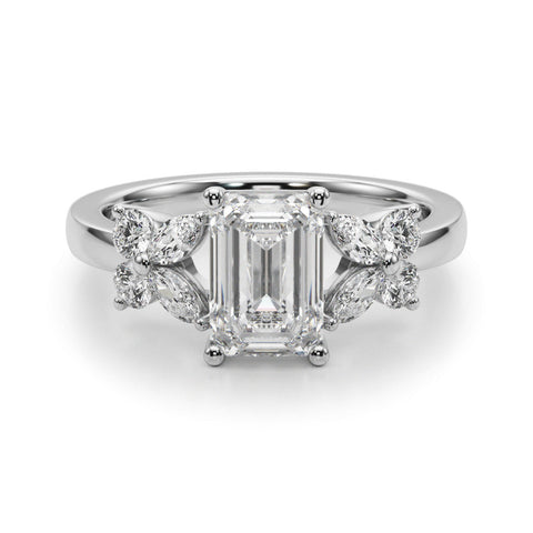 Silver Emerald Cut Solitaire Floral Diamond Ring with Four-Prong Setting