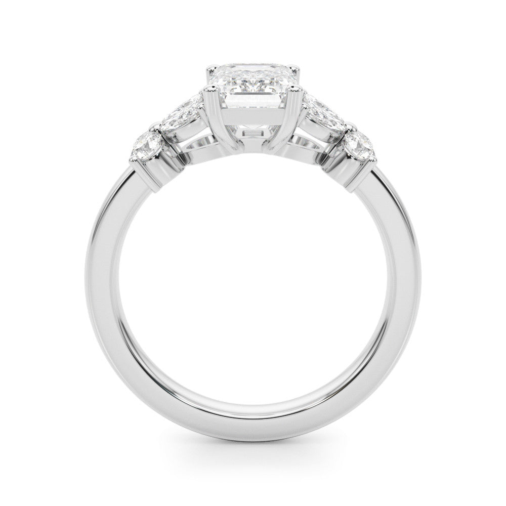 White gold Emerald Cut Solitaire Floral Diamond Ring with Four-Prong Setting