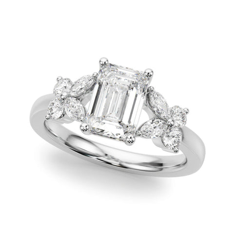 Silver Emerald Cut Solitaire Floral Diamond Ring with Four-Prong Setting