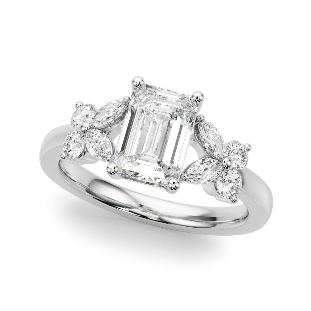 White gold Radiant Cut Solitaire Floral Diamond Ring with Four-Prong Setting