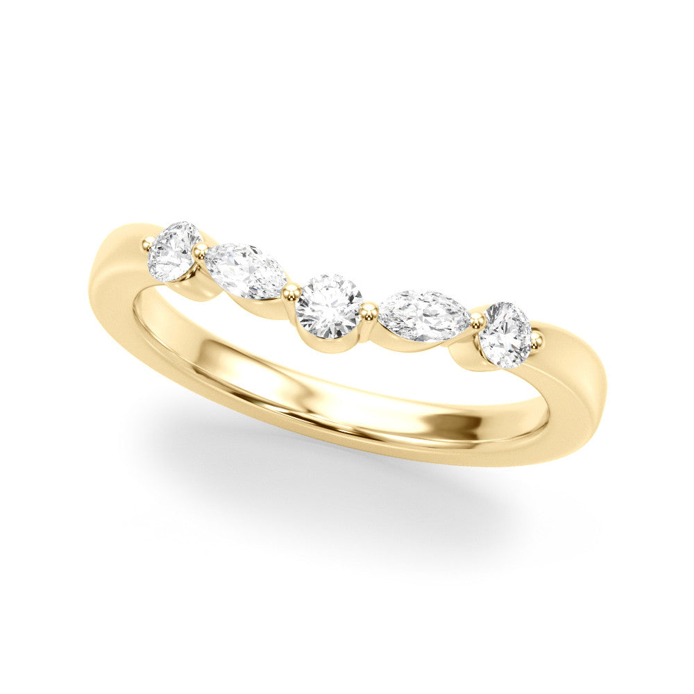 Yellow gold Marquise and Round Diamond Half Eternity Band with Prong Setting