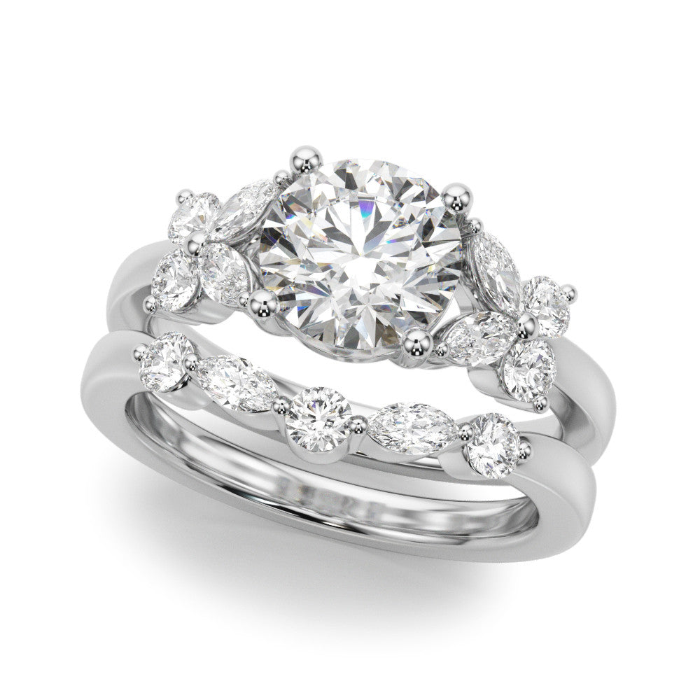 Silver Round Brilliant Diamond Floral Cluster Solitaire with Marquise and Pear Accents on a Platinum Band with Four-Prong Setting