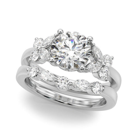 White gold Round Brilliant Diamond Floral Cluster Solitaire with Marquise and Pear Accents on a Platinum Band with Four-Prong Setting
