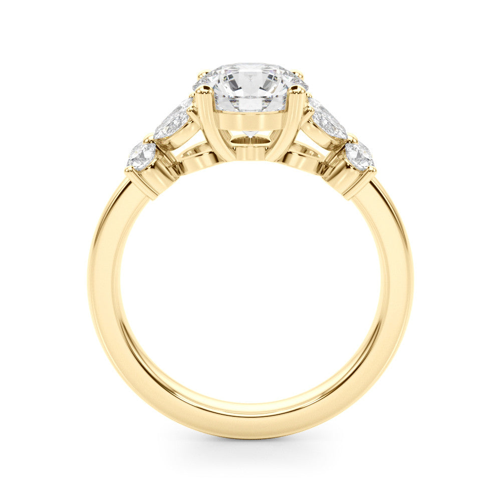 Yellow gold Round Brilliant Diamond Floral Cluster Solitaire with Marquise and Pear Accents on a Platinum Band with Four-Prong Setting