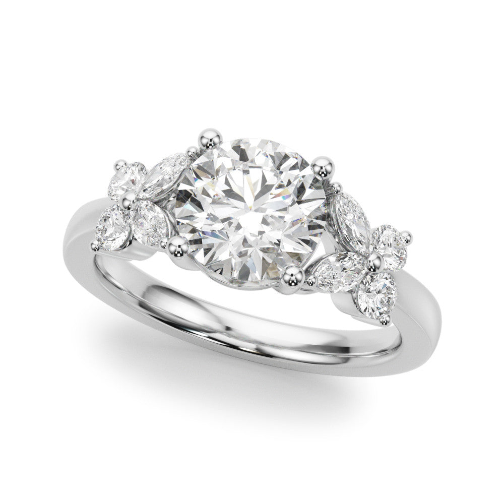 Silver Round Brilliant Diamond Floral Cluster Solitaire with Marquise and Pear Accents on a Platinum Band with Four-Prong Setting