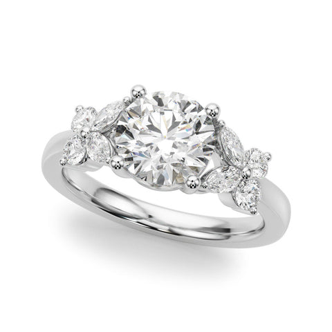 Platinum Round Brilliant Diamond Floral Cluster Solitaire with Marquise and Pear Accents on a Platinum Band with Four-Prong Setting