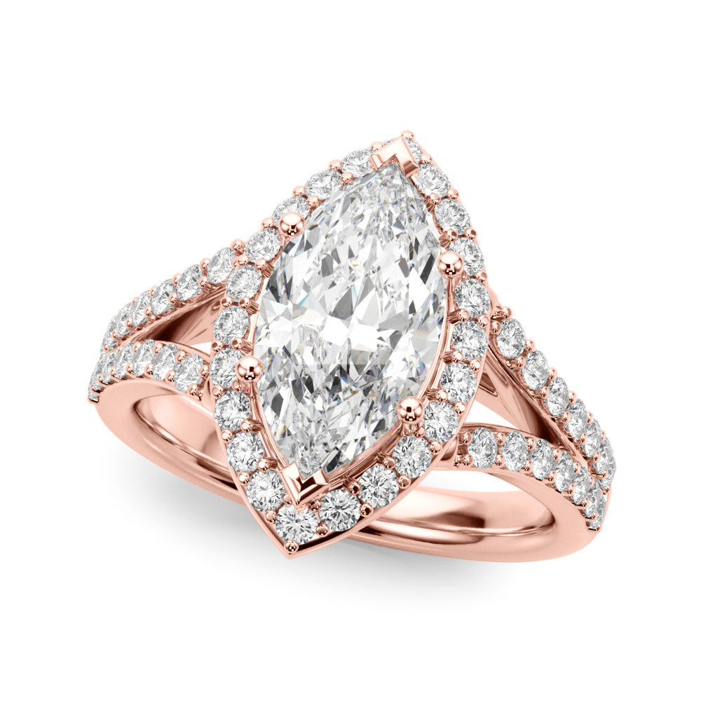 Rose gold Marquise Halo Split Shank Diamond Ring with Prong Setting