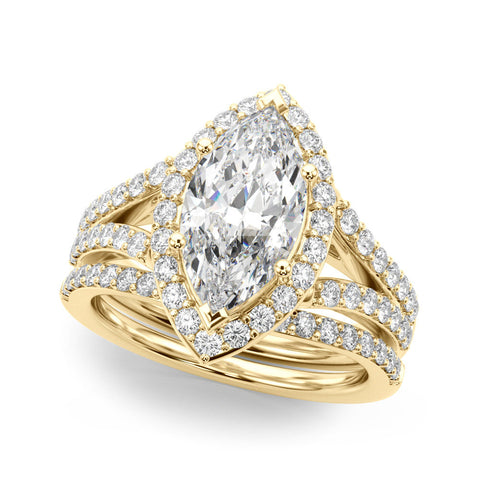 Yellow gold Marquise Halo Split Shank Diamond Ring with Prong Setting