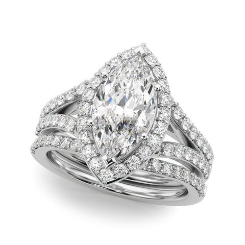 White gold Marquise Halo Split Shank Diamond Ring with Prong Setting