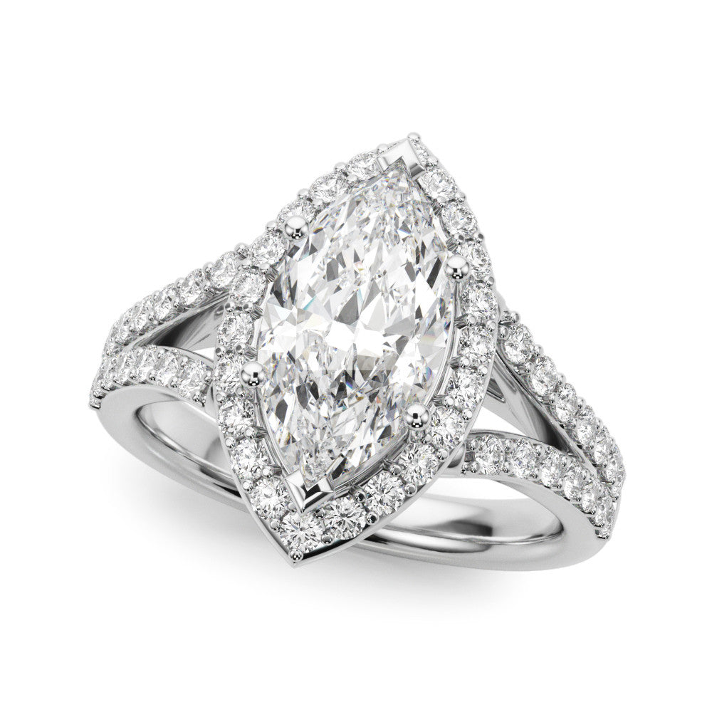 White gold Marquise Halo Split Shank Diamond Ring with Prong Setting