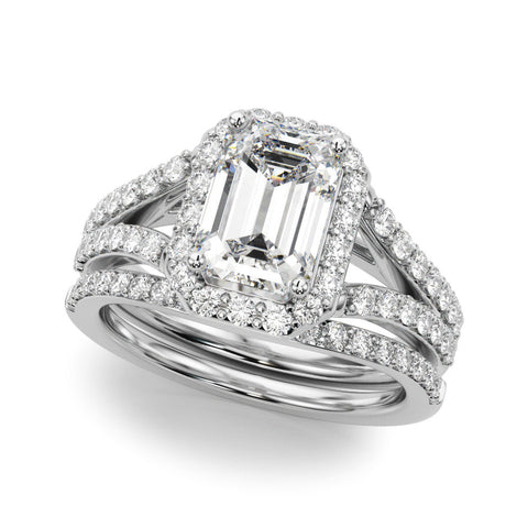 Silver Radiant-Cut Halo Split Shank Diamond Ring with Four-Prong Setting