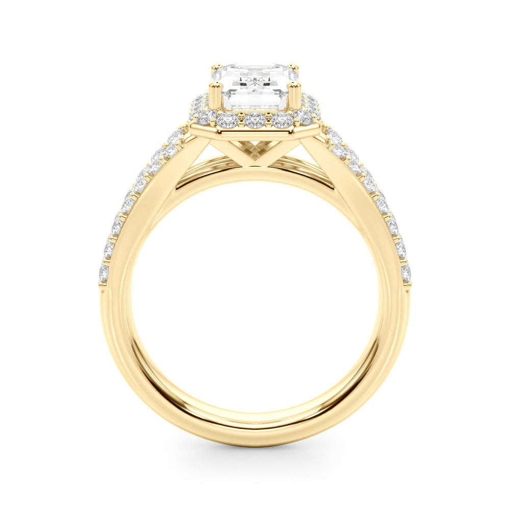 Yellow gold Heart-Cut Halo Split Shank Diamond Ring with Four-Prong Setting