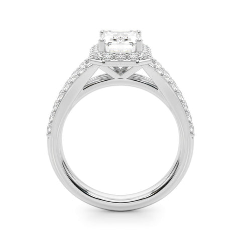 Silver Radiant-Cut Halo Split Shank Diamond Ring with Four-Prong Setting