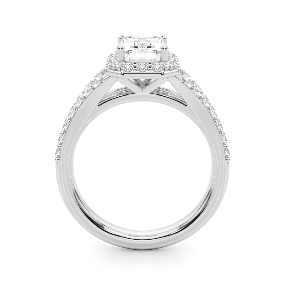 Silver Radiant-Cut Halo Split Shank Diamond Ring with Four-Prong Setting