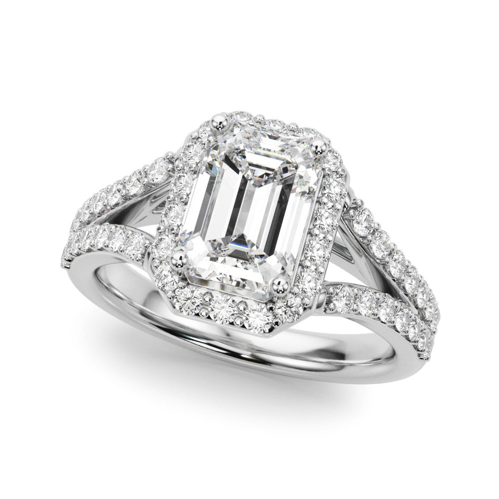 Silver Radiant-Cut Halo Split Shank Diamond Ring with Four-Prong Setting