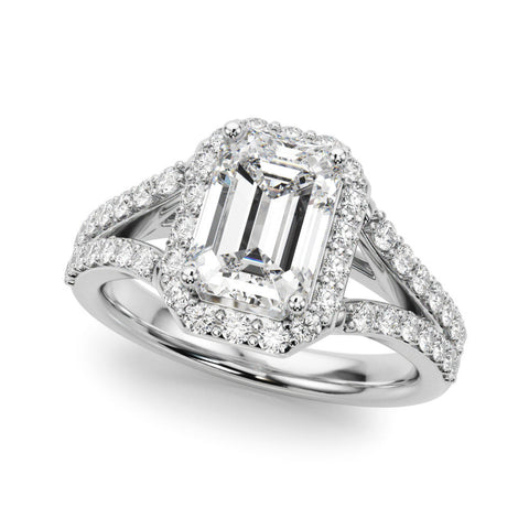 Silver Radiant-Cut Halo Split Shank Diamond Ring with Four-Prong Setting