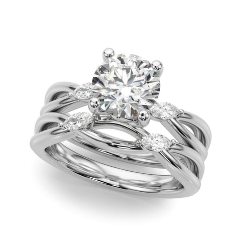 White gold Round Brilliant Diamond Solitaire with Marquise Side Stones on a Twisted Band and Four-Prong Setting