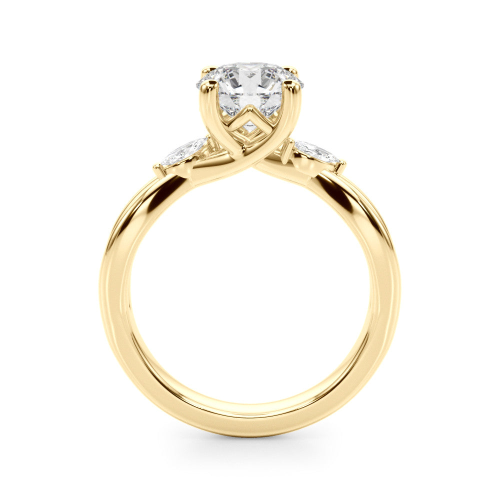 Yellow gold Round Brilliant Diamond Solitaire with Marquise Side Stones on a Twisted Band and Four-Prong Setting